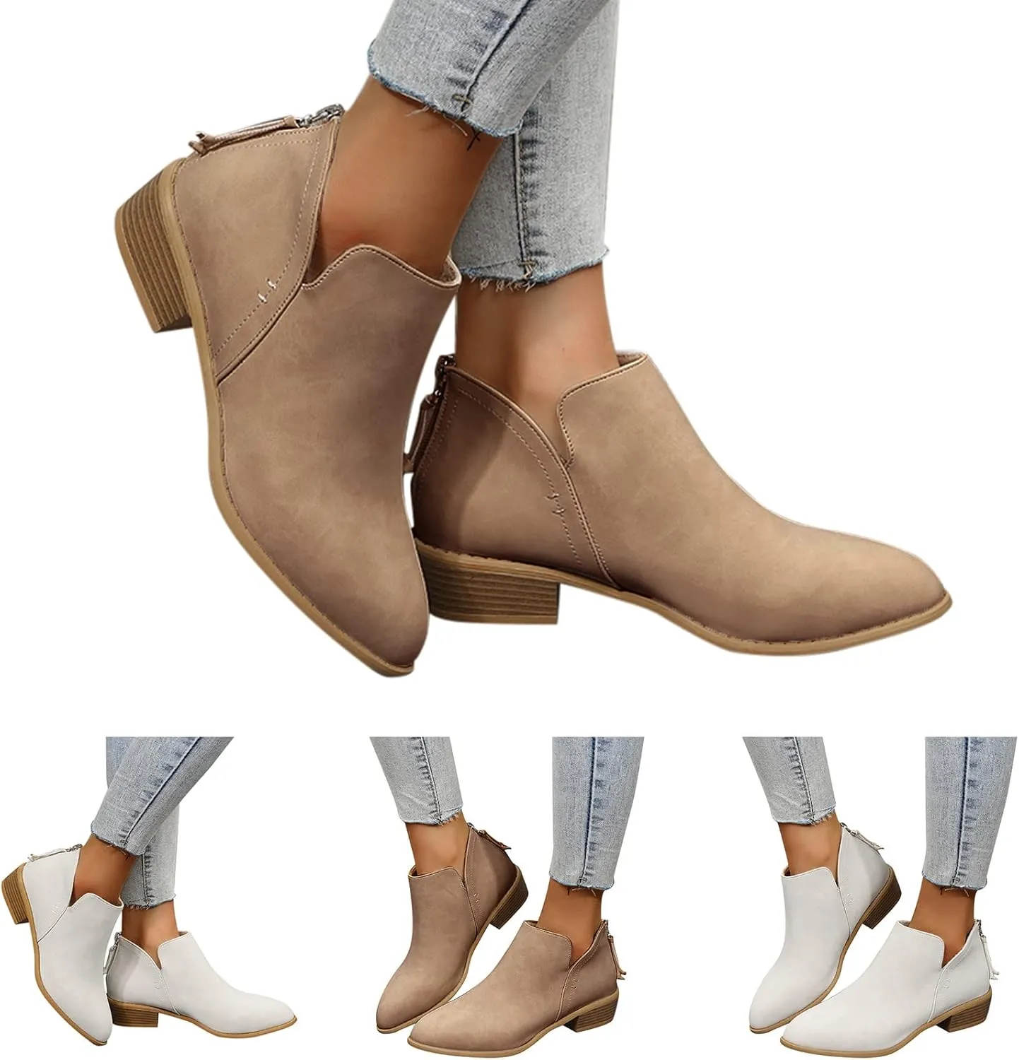 Gibobby Boots for Women Low Heel Retro V-Cut Short Warm Boots Closed Toe Low Heel Combat Western Shoes