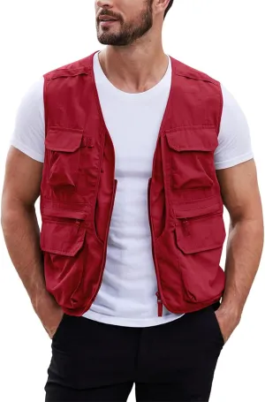Gihuo Men's Utility Fishing Vest Lightweight Outdoor Work Safari Travel Cargo Vest with Multi-Pockets