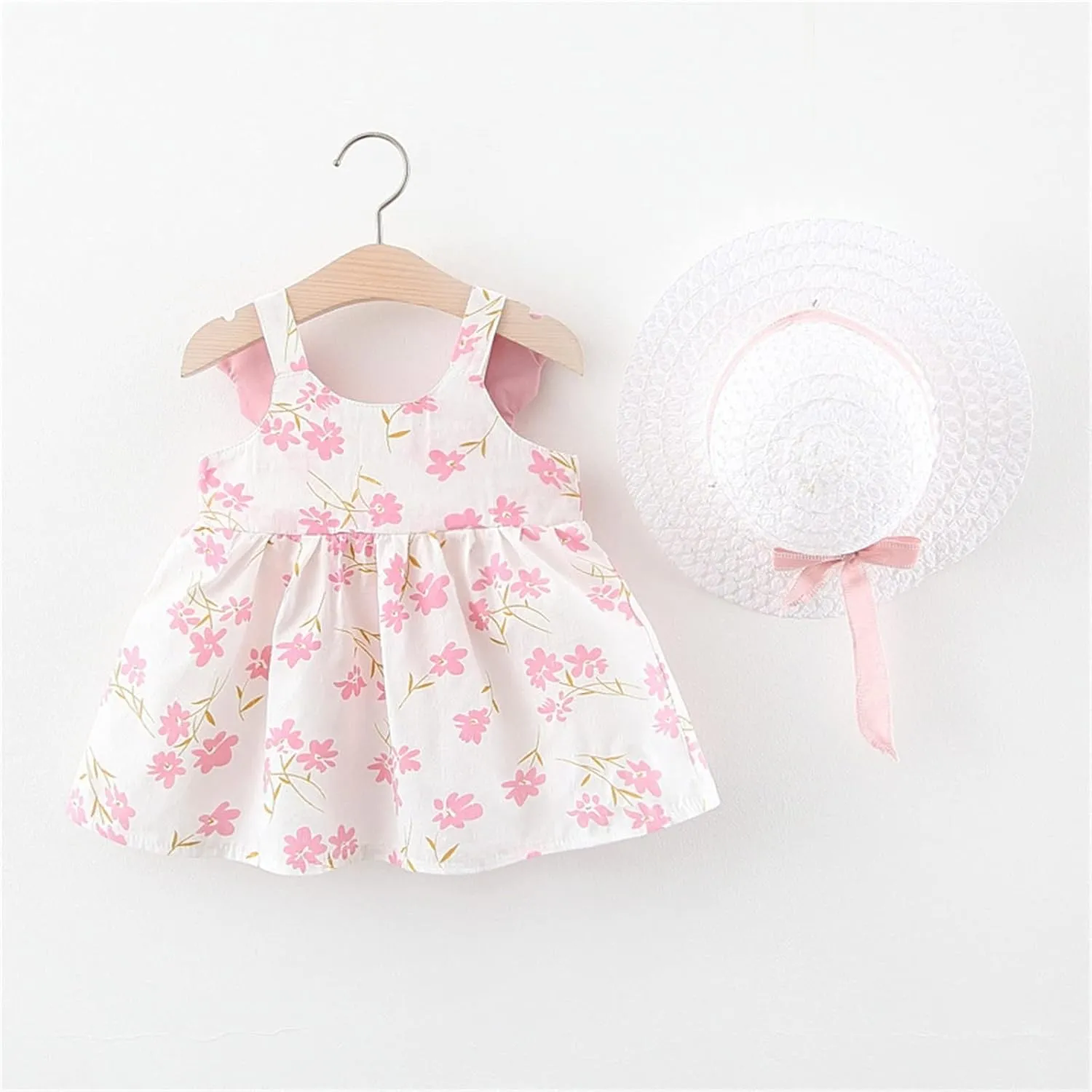 Girls Summer Dress Infant Floral Suspenders Dress Baby Princess Outfits Clothes Hat Girls Dress Kids for 1-4 Years