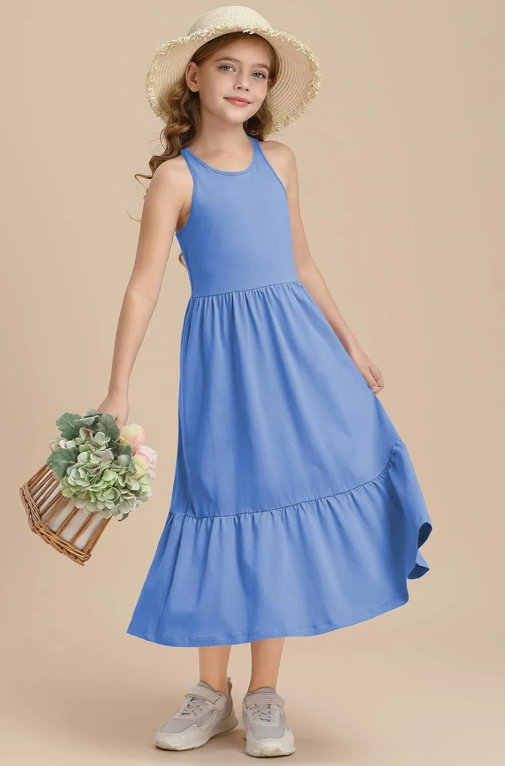 Girls Summer Maxi Dress Sleeveless Back Detailed Tiered Sundress with Pockets 5-12 Years