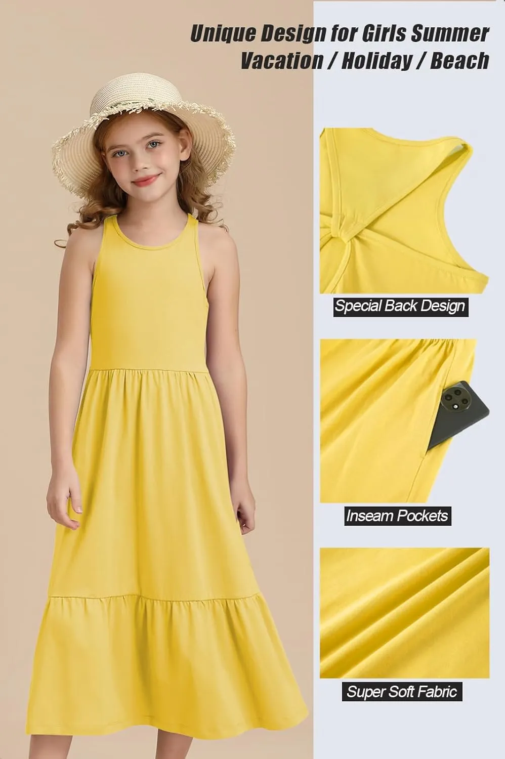 Girls Summer Maxi Dress Sleeveless Back Detailed Tiered Sundress with Pockets 5-12 Years