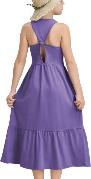 Girls Summer Maxi Dress Sleeveless Back Detailed Tiered Sundress with Pockets 5-12 Years