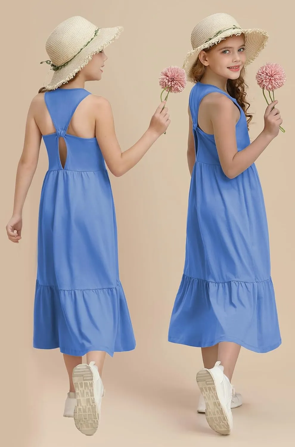 Girls Summer Maxi Dress Sleeveless Back Detailed Tiered Sundress with Pockets 5-12 Years