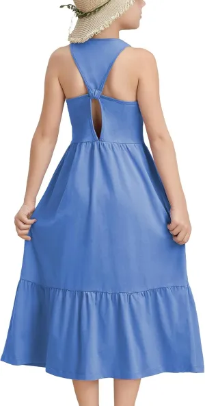 Girls Summer Maxi Dress Sleeveless Back Detailed Tiered Sundress with Pockets 5-12 Years