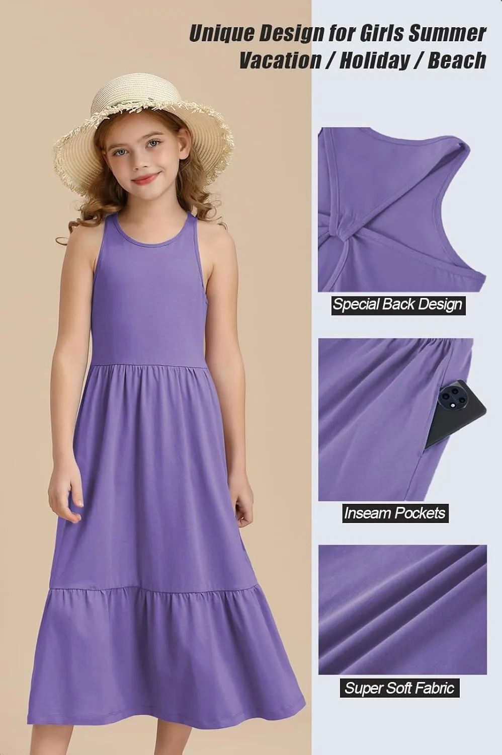 Girls Summer Maxi Dress Sleeveless Back Detailed Tiered Sundress with Pockets 5-12 Years