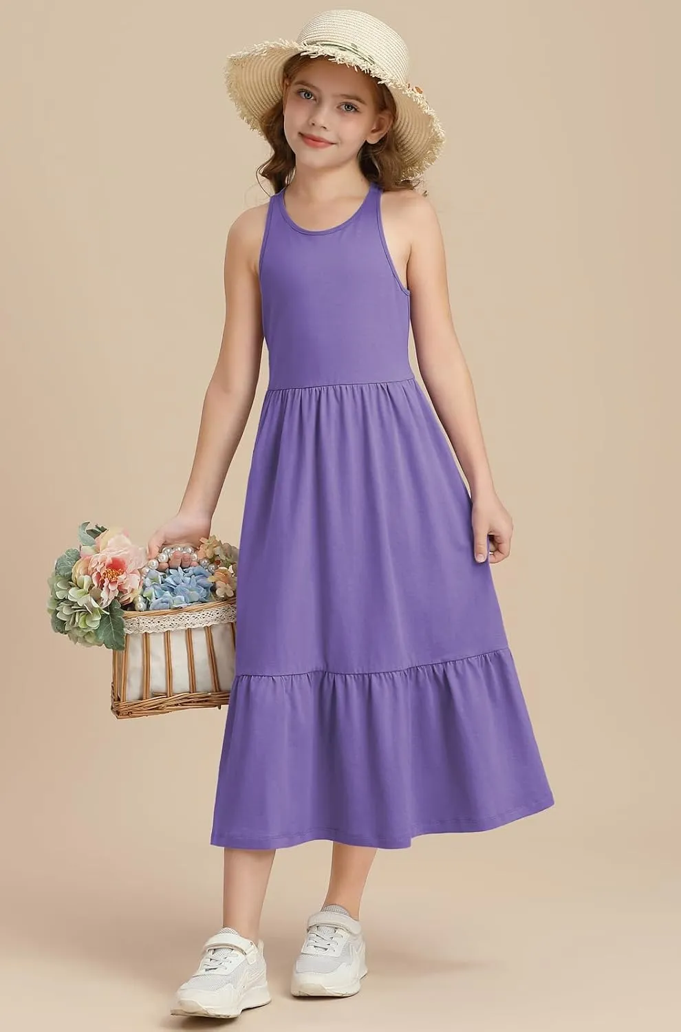 Girls Summer Maxi Dress Sleeveless Back Detailed Tiered Sundress with Pockets 5-12 Years