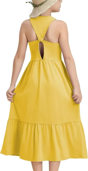 Girls Summer Maxi Dress Sleeveless Back Detailed Tiered Sundress with Pockets 5-12 Years