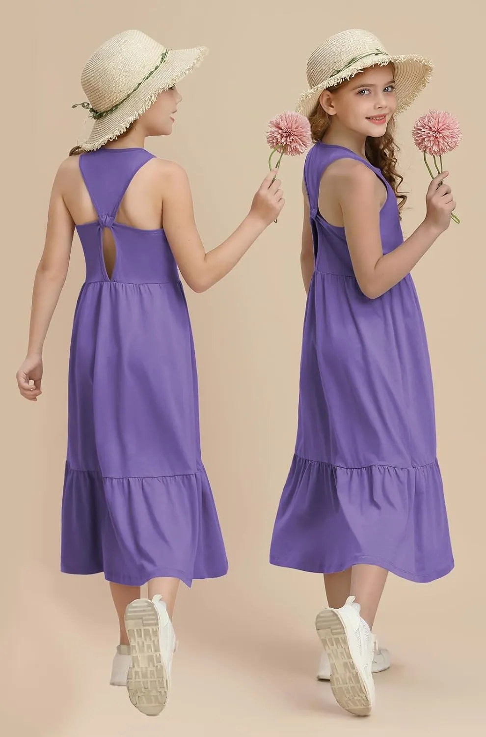 Girls Summer Maxi Dress Sleeveless Back Detailed Tiered Sundress with Pockets 5-12 Years