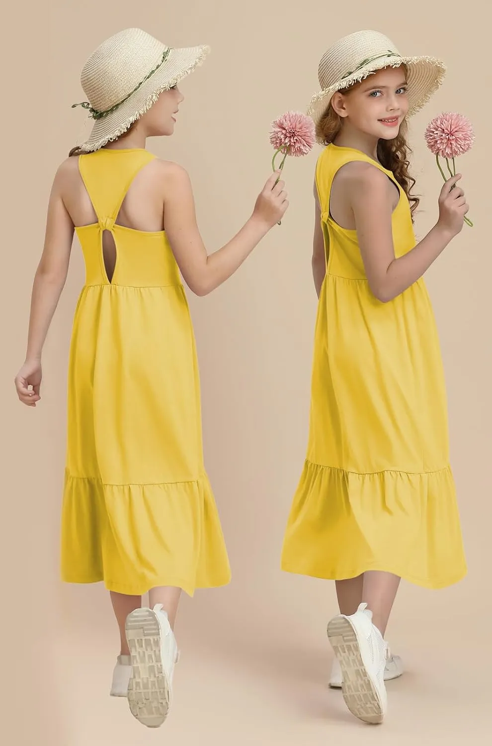 Girls Summer Maxi Dress Sleeveless Back Detailed Tiered Sundress with Pockets 5-12 Years