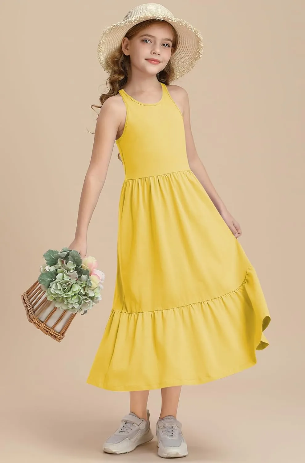 Girls Summer Maxi Dress Sleeveless Back Detailed Tiered Sundress with Pockets 5-12 Years