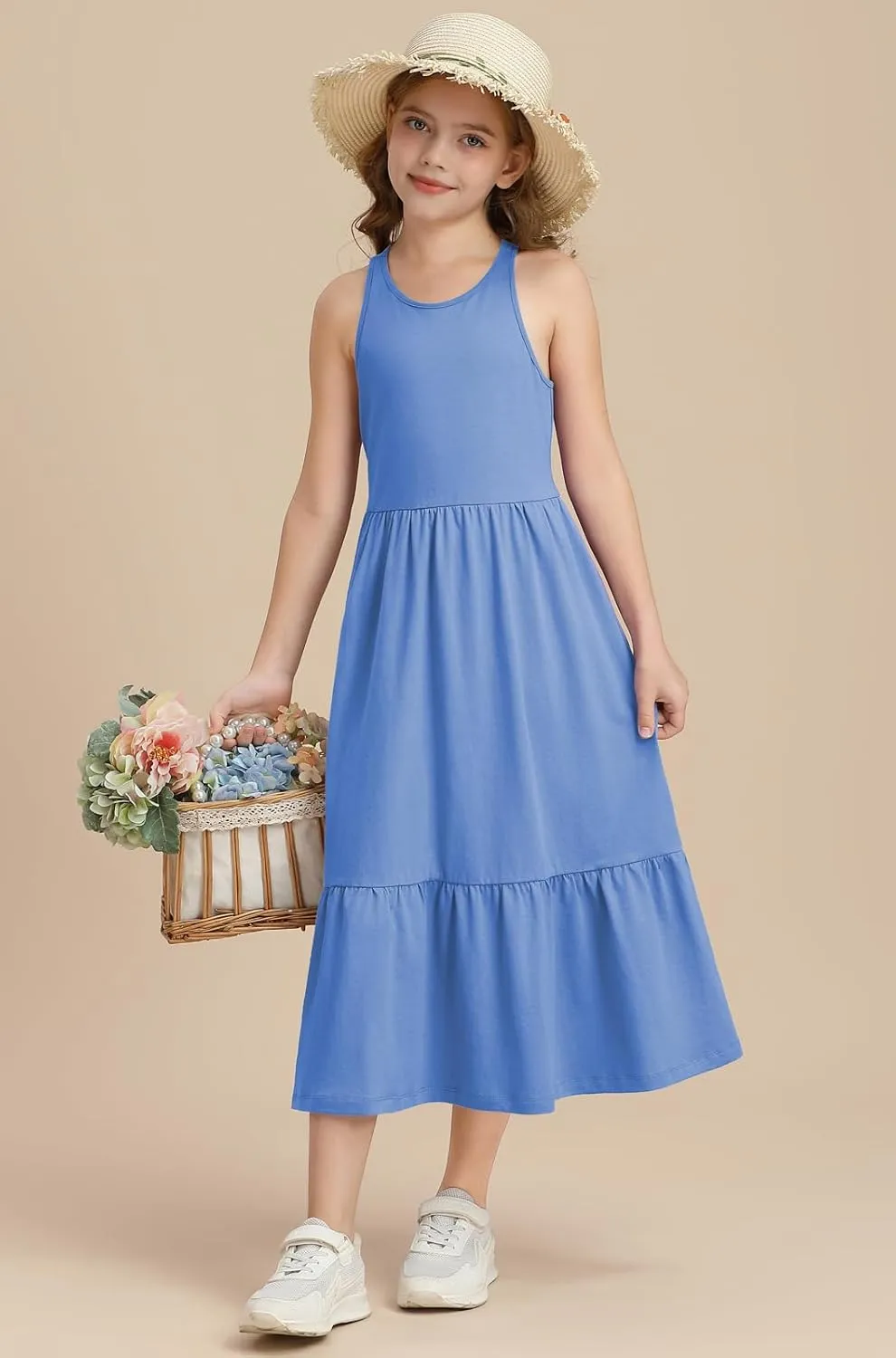 Girls Summer Maxi Dress Sleeveless Back Detailed Tiered Sundress with Pockets 5-12 Years