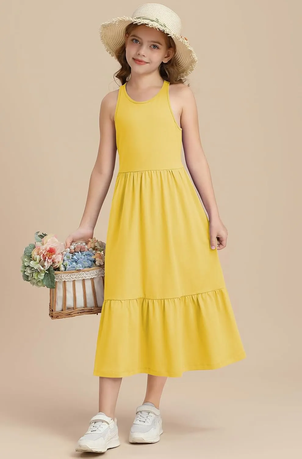 Girls Summer Maxi Dress Sleeveless Back Detailed Tiered Sundress with Pockets 5-12 Years