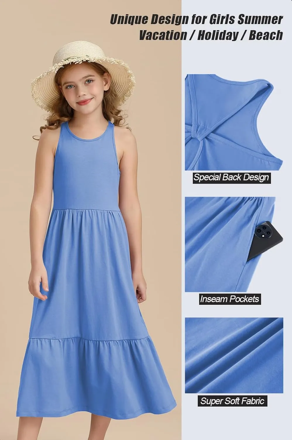 Girls Summer Maxi Dress Sleeveless Back Detailed Tiered Sundress with Pockets 5-12 Years