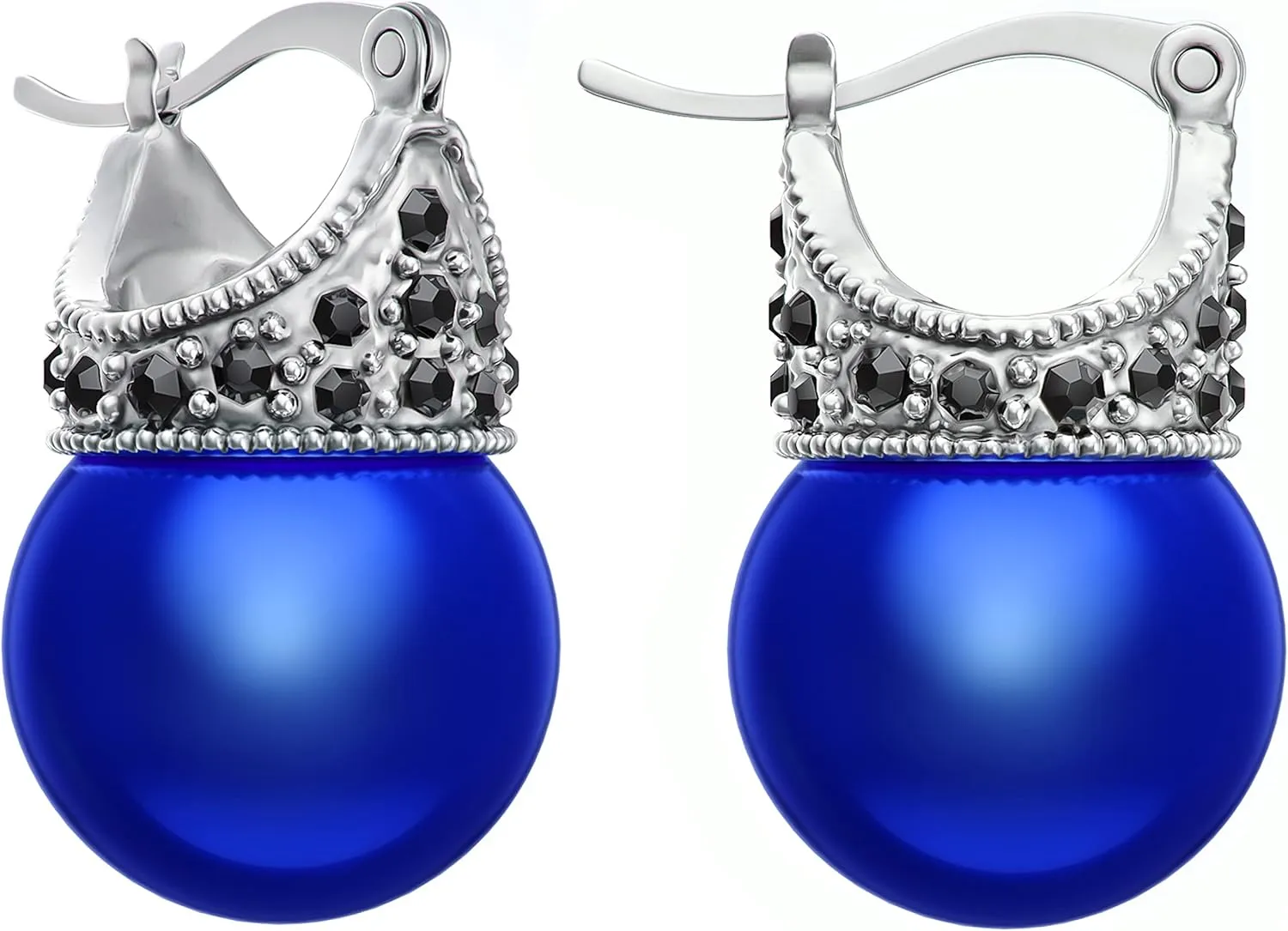 Glass Pearl & Hematite Crystal Accent Crown Shape Clip on Hook Earrings for Wedding, Bridal, Formal & Fashion (Cobalt Blue)