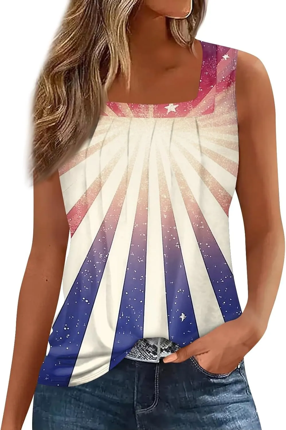 GOFULY 4Th of July Patriotic Independence Day Tank Tops for Women Pleated Square Neck Fourth of July USA Flag Shirts Summer
