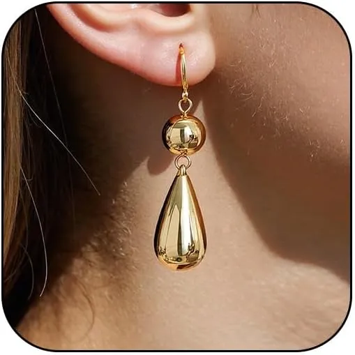 Gold Statement Teardrop Dangle Earrings for Women Trendy Silver Pearl Ball Tear Drop Dangling Long Huggie Hoop Earring Vintage Unique Cool Prom Jewelry