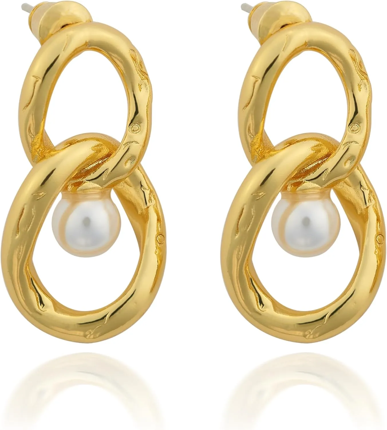 Gold Twisted Link Pearl Stud Hoop Earrings Elegant Handmade Statement Jewelry for Women 18K Gold Plated Brass 925 Sterling Silver Posts
