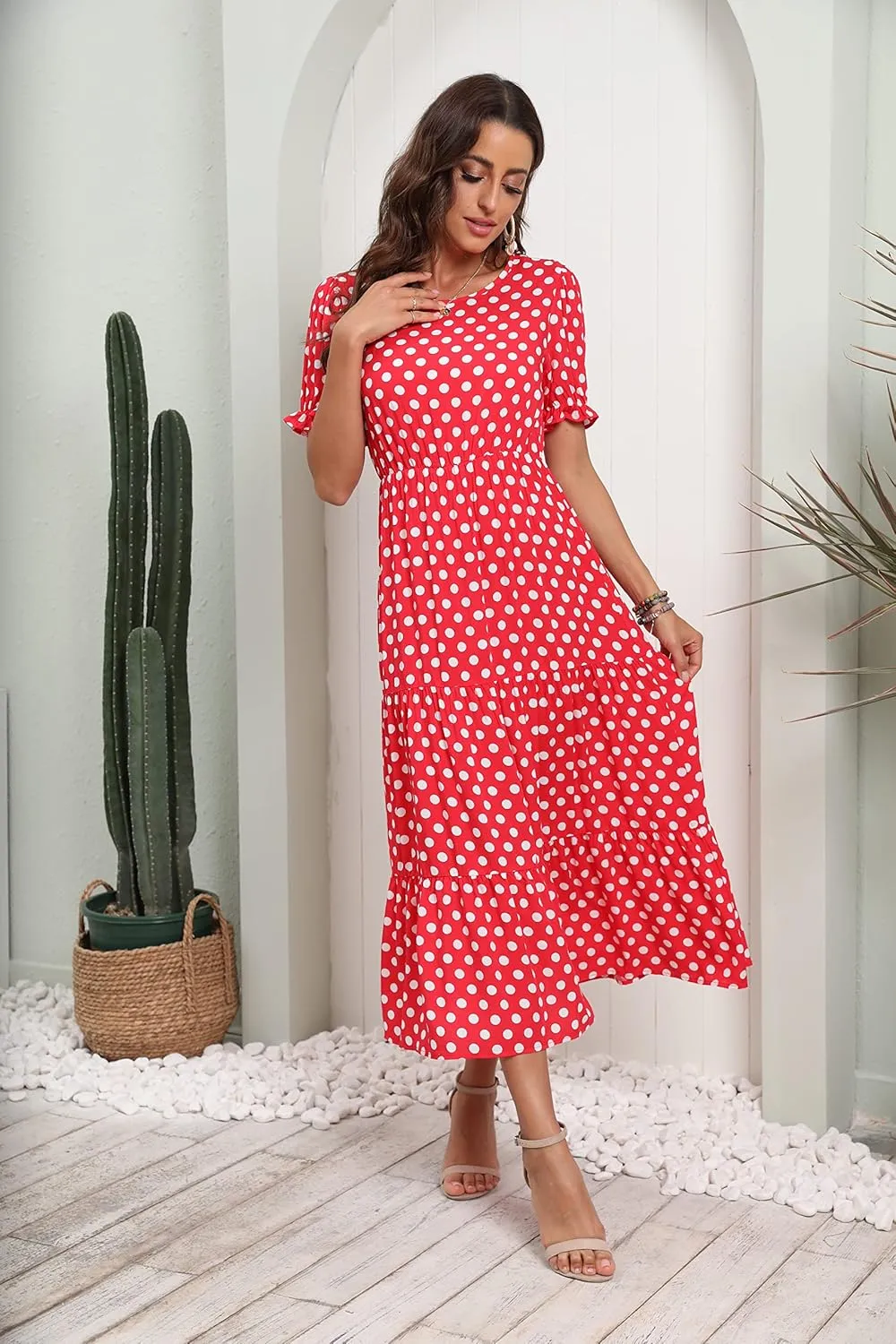 GRECERELLE Women's 2025 Spring Summer Casual Loose Round Neck Boho Dress Ruffle Puff Sleeve High Waist Midi Dress