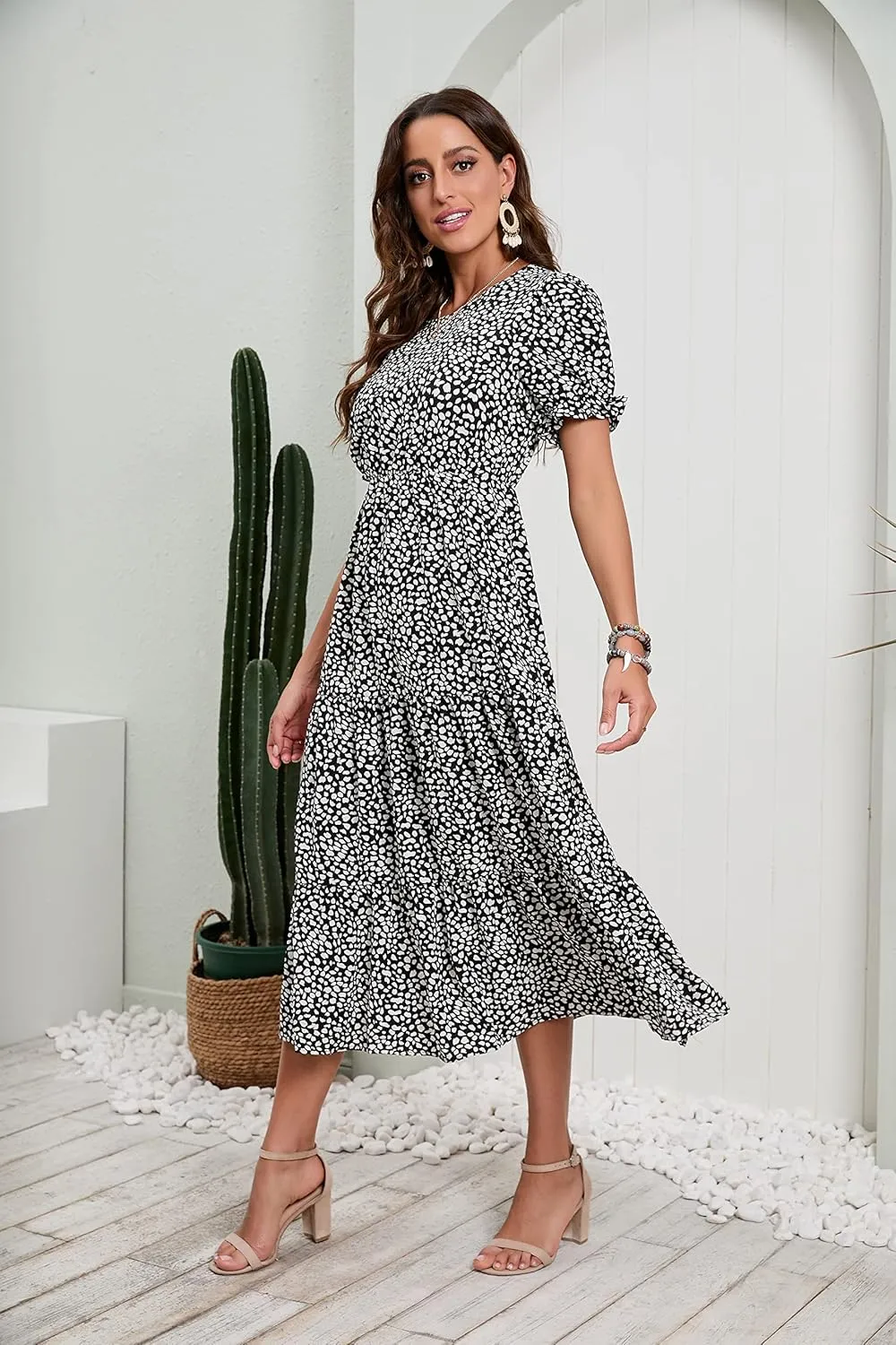 GRECERELLE Women's 2025 Spring Summer Casual Loose Round Neck Boho Dress Ruffle Puff Sleeve High Waist Midi Dress