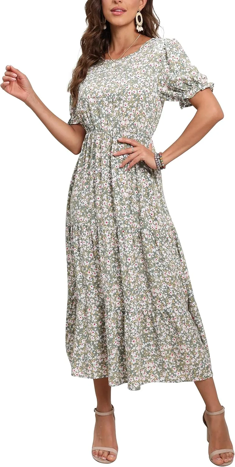 GRECERELLE Women's 2025 Spring Summer Casual Loose Round Neck Boho Dress Ruffle Puff Sleeve High Waist Midi Dress