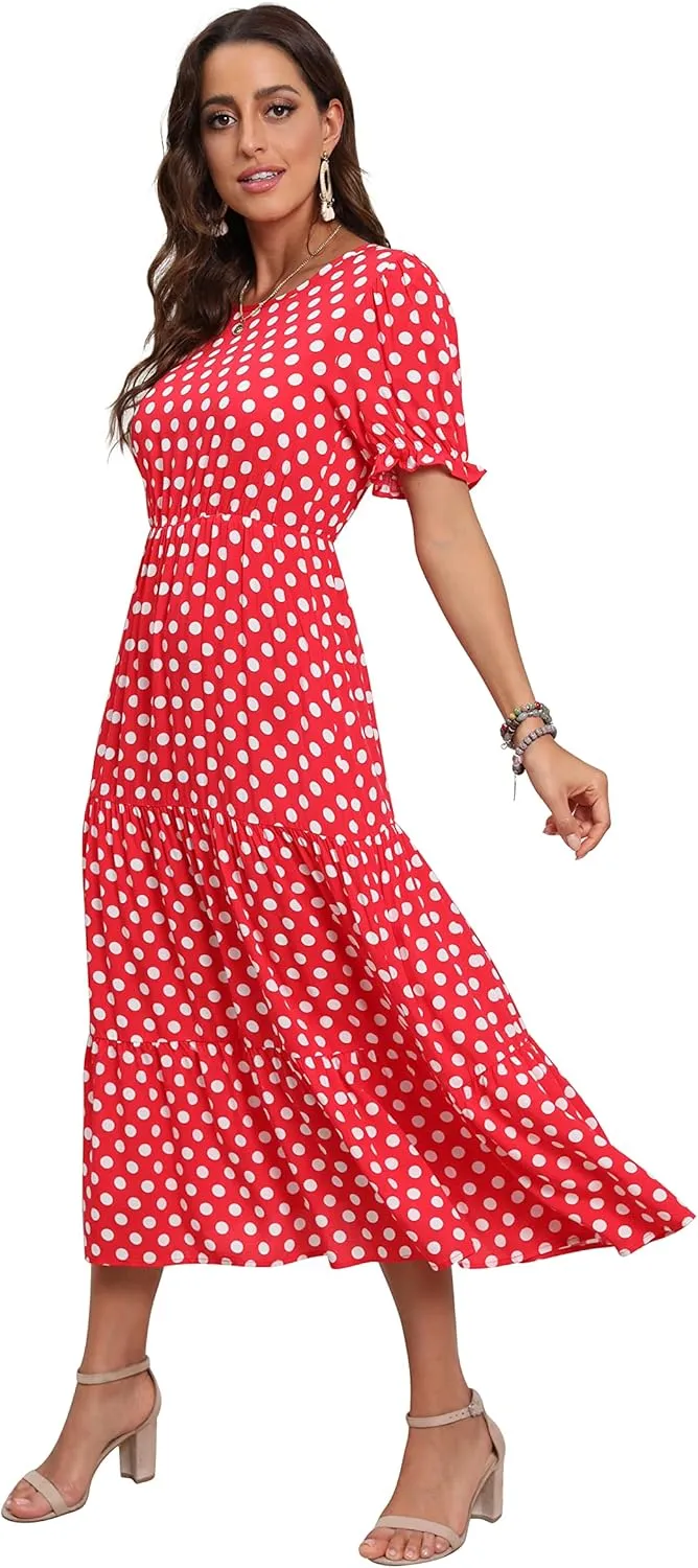 GRECERELLE Women's 2025 Spring Summer Casual Loose Round Neck Boho Dress Ruffle Puff Sleeve High Waist Midi Dress