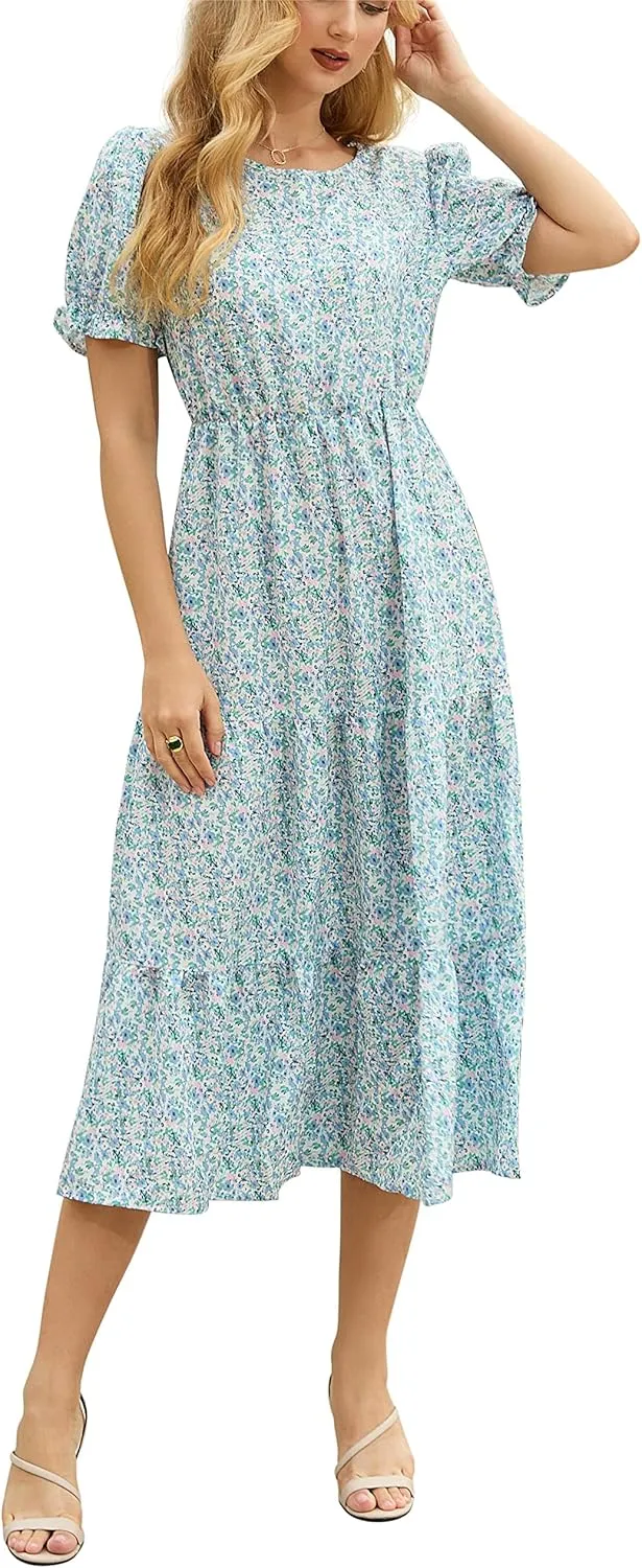 GRECERELLE Women's 2025 Spring Summer Casual Loose Round Neck Boho Dress Ruffle Puff Sleeve High Waist Midi Dress