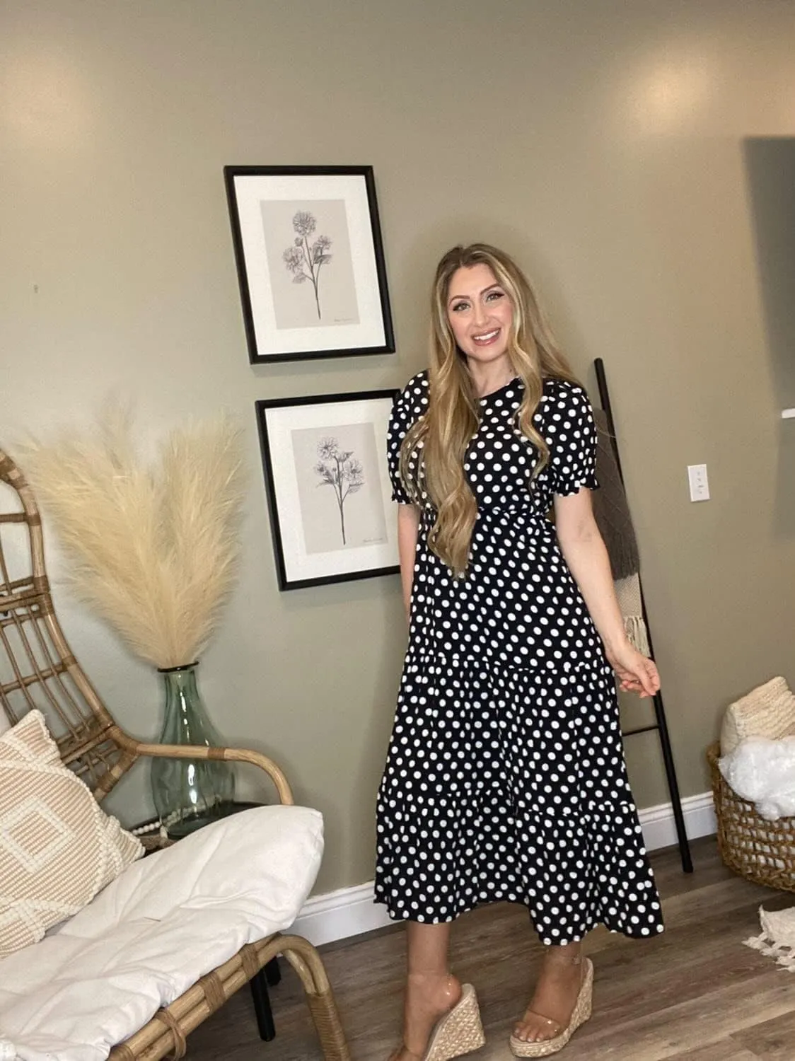 GRECERELLE Women's 2025 Spring Summer Casual Loose Round Neck Boho Dress Ruffle Puff Sleeve High Waist Midi Dress