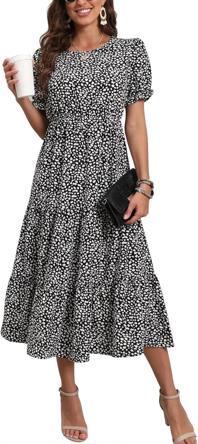 GRECERELLE Women's 2025 Spring Summer Casual Loose Round Neck Boho Dress Ruffle Puff Sleeve High Waist Midi Dress