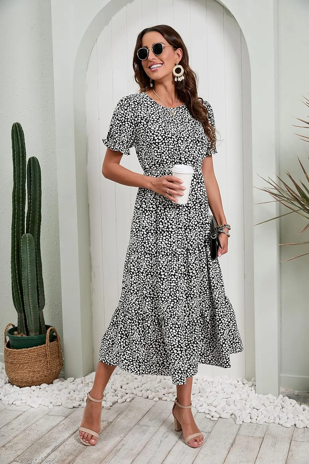 GRECERELLE Women's 2025 Spring Summer Casual Loose Round Neck Boho Dress Ruffle Puff Sleeve High Waist Midi Dress