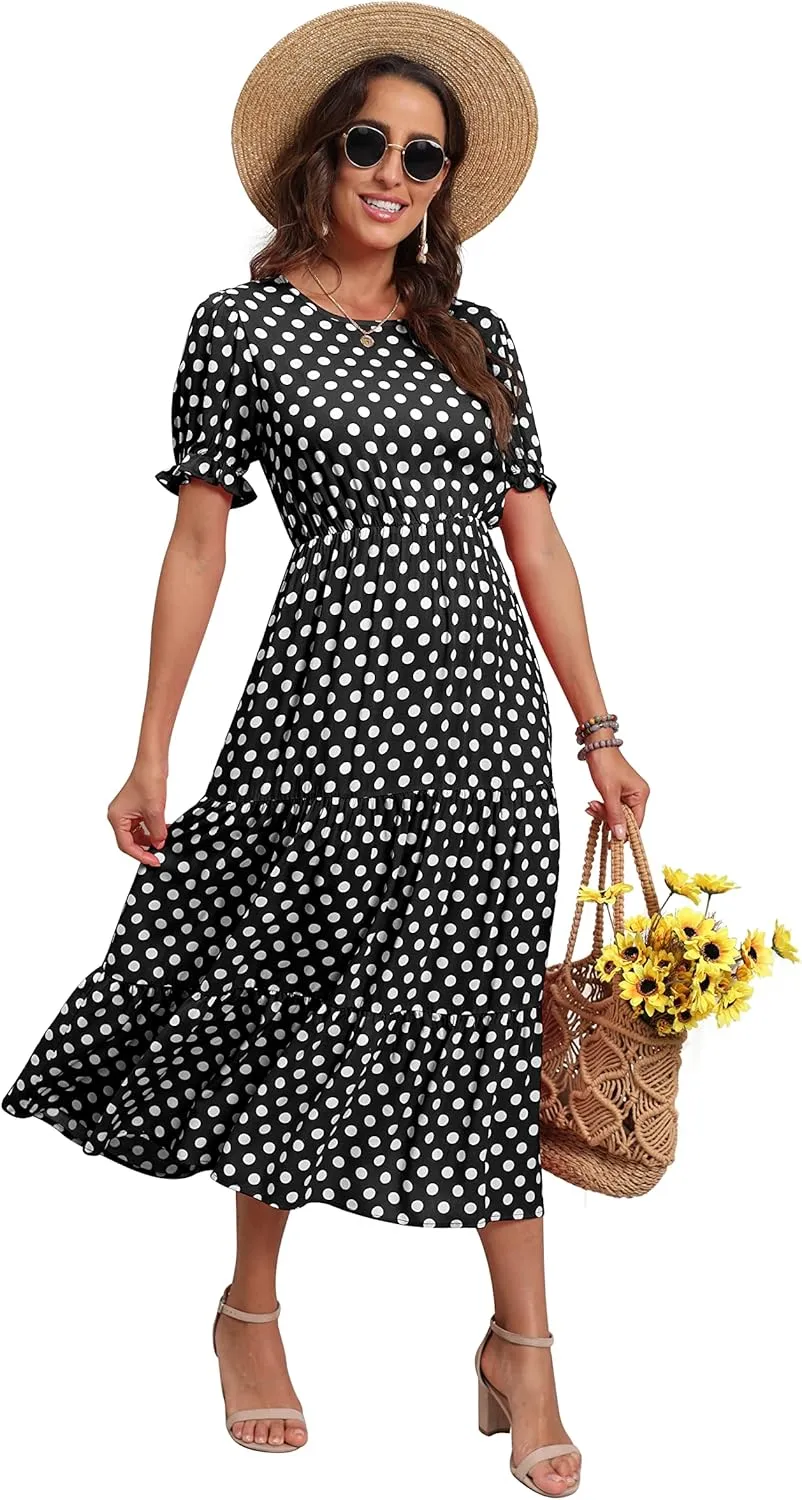 GRECERELLE Women's 2025 Spring Summer Casual Loose Round Neck Boho Dress Ruffle Puff Sleeve High Waist Midi Dress