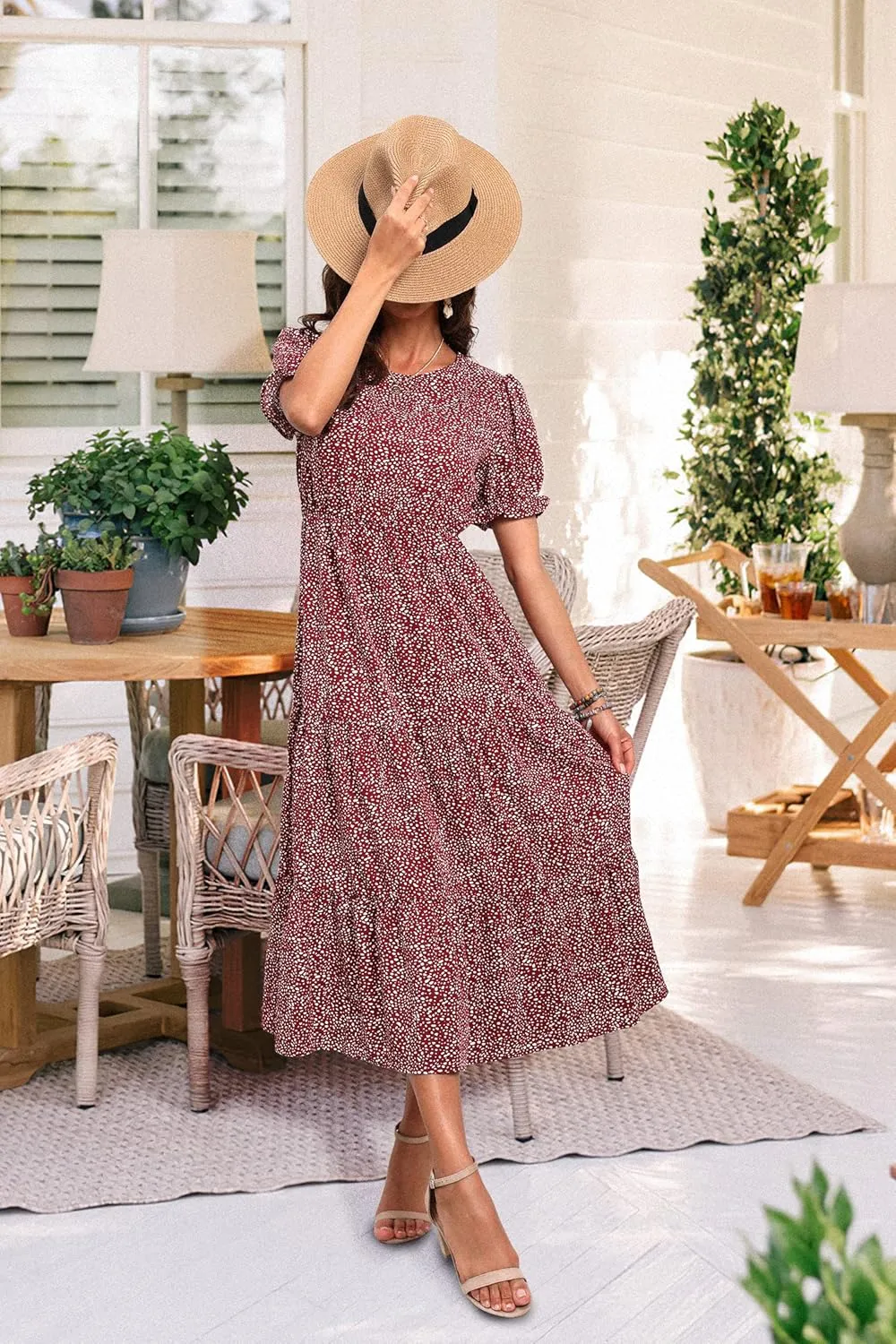 GRECERELLE Women's 2025 Spring Summer Casual Loose Round Neck Boho Dress Ruffle Puff Sleeve High Waist Midi Dress
