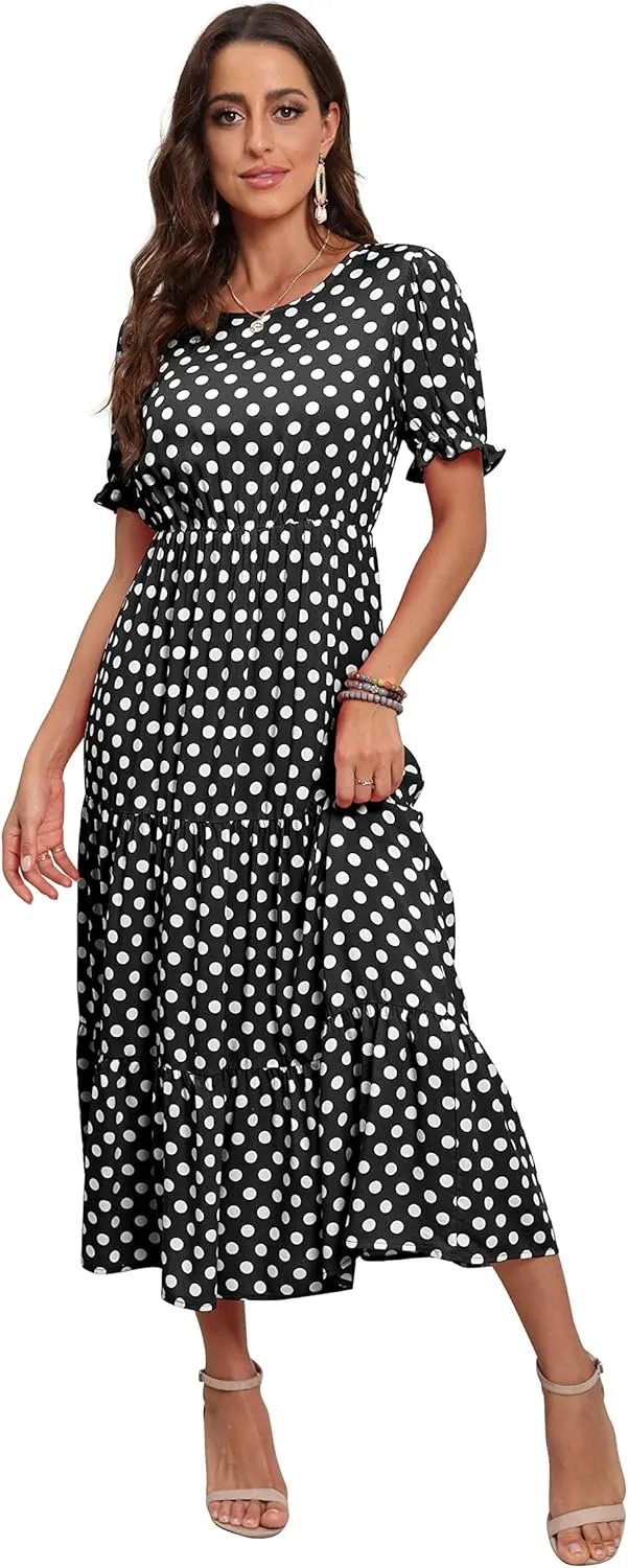 GRECERELLE Women's 2025 Spring Summer Casual Loose Round Neck Boho Dress Ruffle Puff Sleeve High Waist Midi Dress
