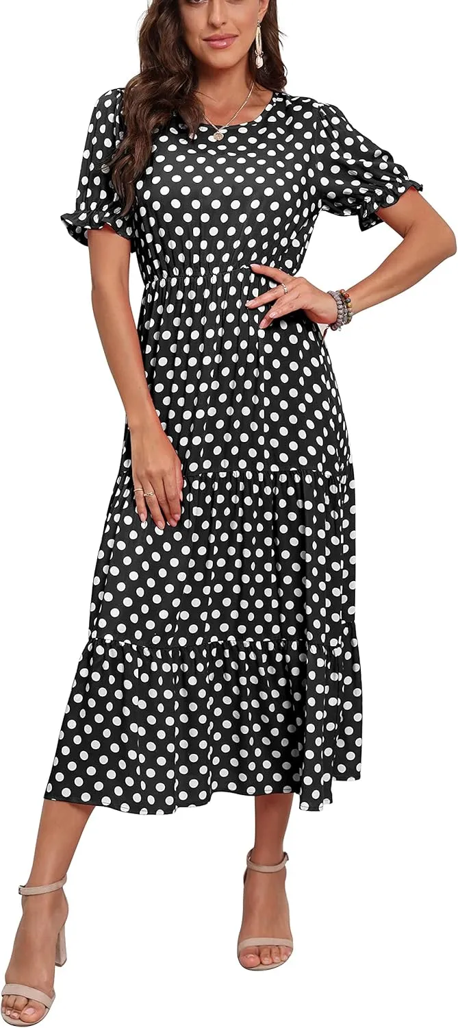 GRECERELLE Women's 2025 Spring Summer Casual Loose Round Neck Boho Dress Ruffle Puff Sleeve High Waist Midi Dress