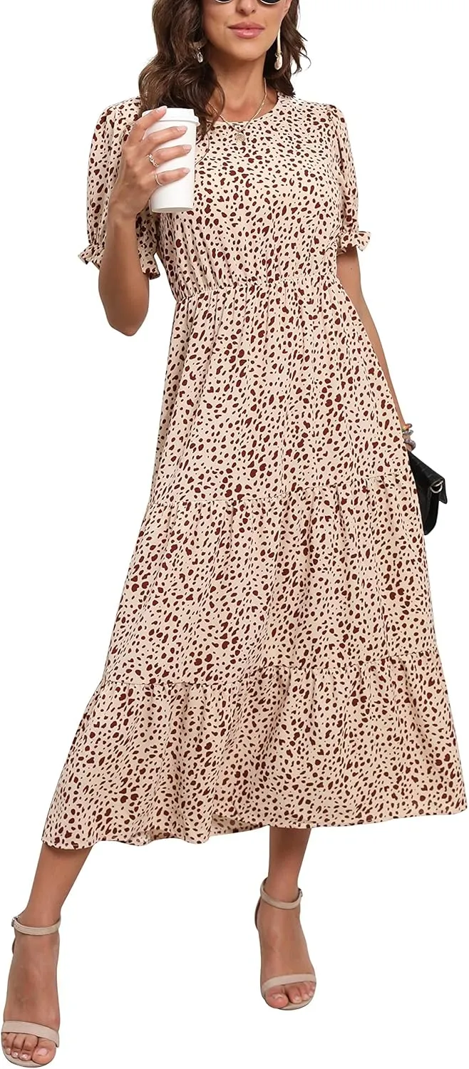 GRECERELLE Women's 2025 Spring Summer Casual Loose Round Neck Boho Dress Ruffle Puff Sleeve High Waist Midi Dress