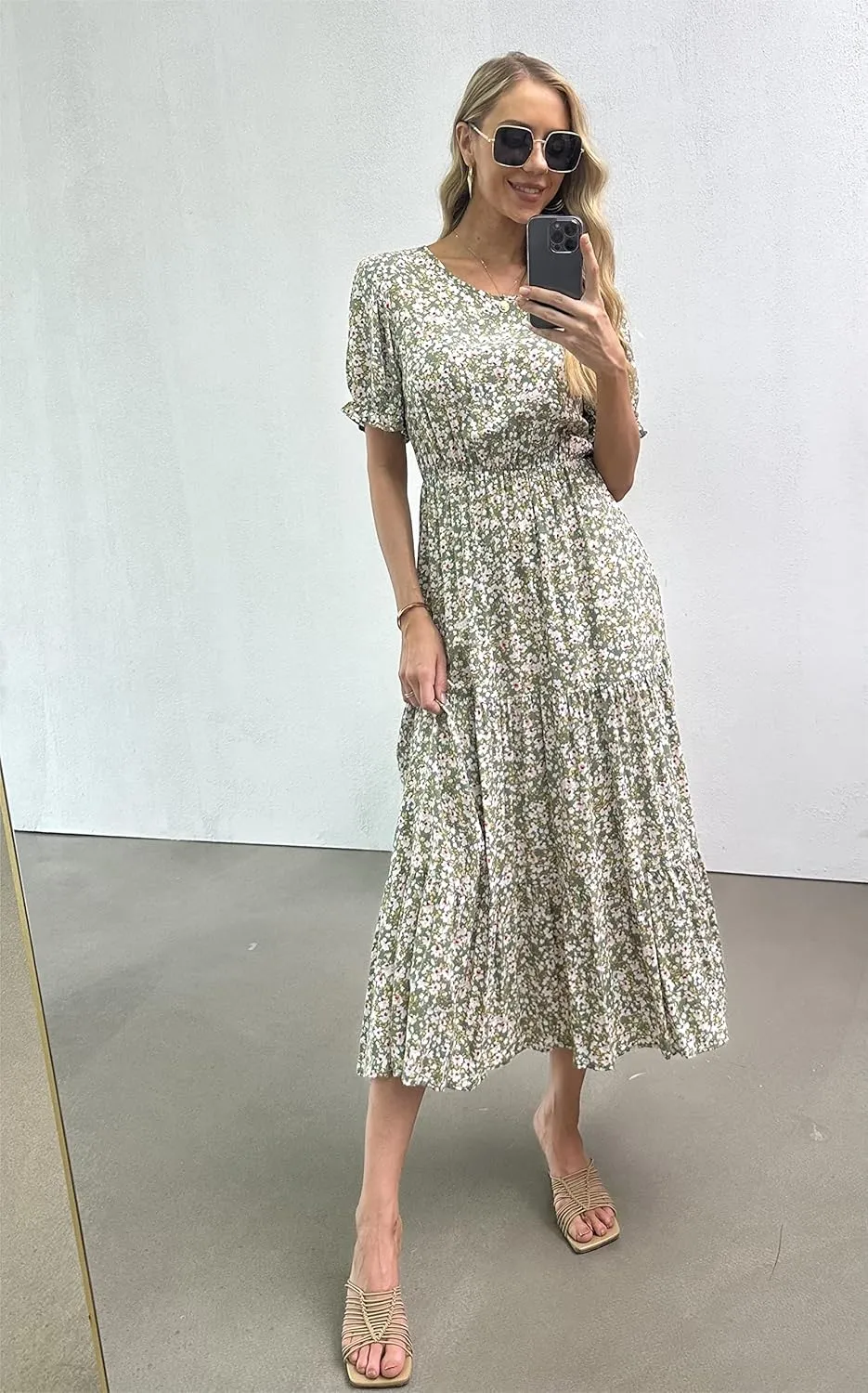 GRECERELLE Women's 2025 Spring Summer Casual Loose Round Neck Boho Dress Ruffle Puff Sleeve High Waist Midi Dress