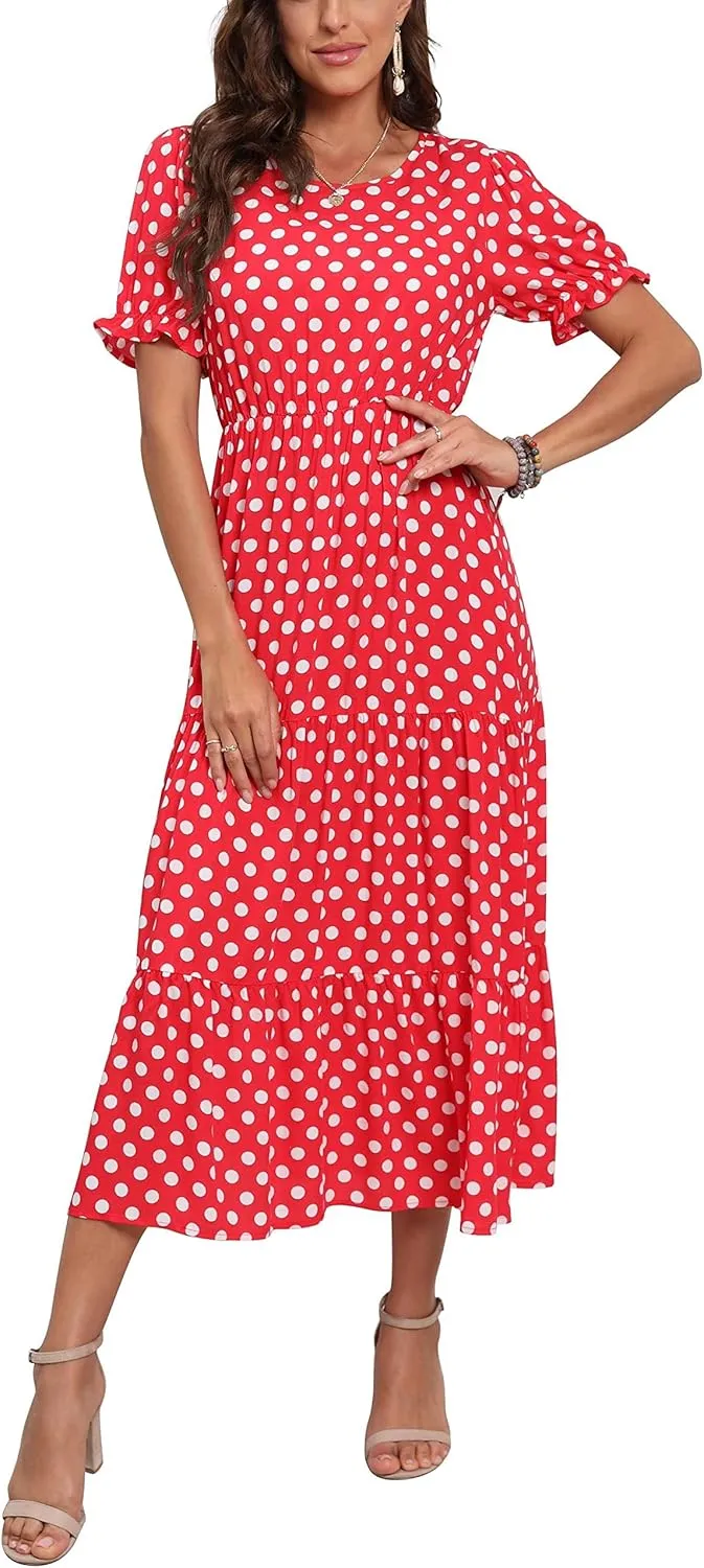 GRECERELLE Women's 2025 Spring Summer Casual Loose Round Neck Boho Dress Ruffle Puff Sleeve High Waist Midi Dress