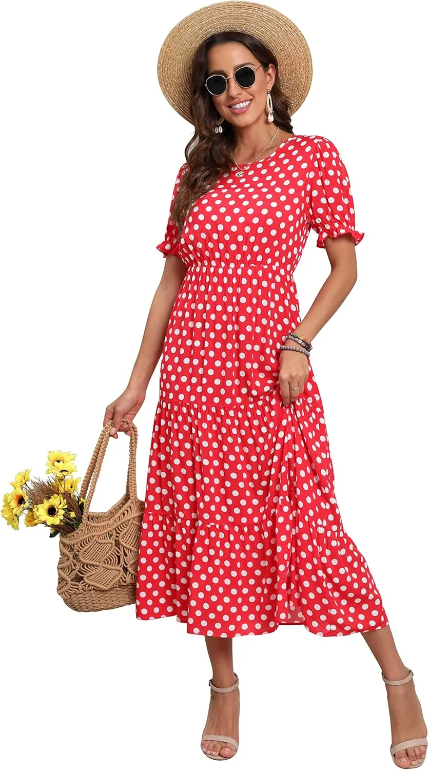 GRECERELLE Women's 2025 Spring Summer Casual Loose Round Neck Boho Dress Ruffle Puff Sleeve High Waist Midi Dress