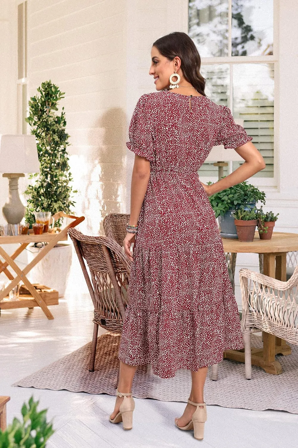 GRECERELLE Women's 2025 Spring Summer Casual Loose Round Neck Boho Dress Ruffle Puff Sleeve High Waist Midi Dress