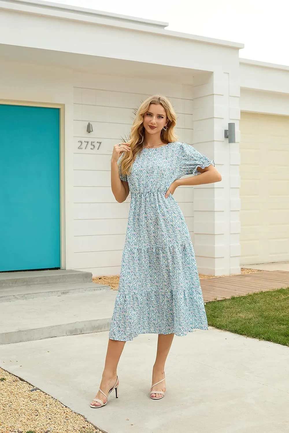GRECERELLE Women's 2025 Spring Summer Casual Loose Round Neck Boho Dress Ruffle Puff Sleeve High Waist Midi Dress