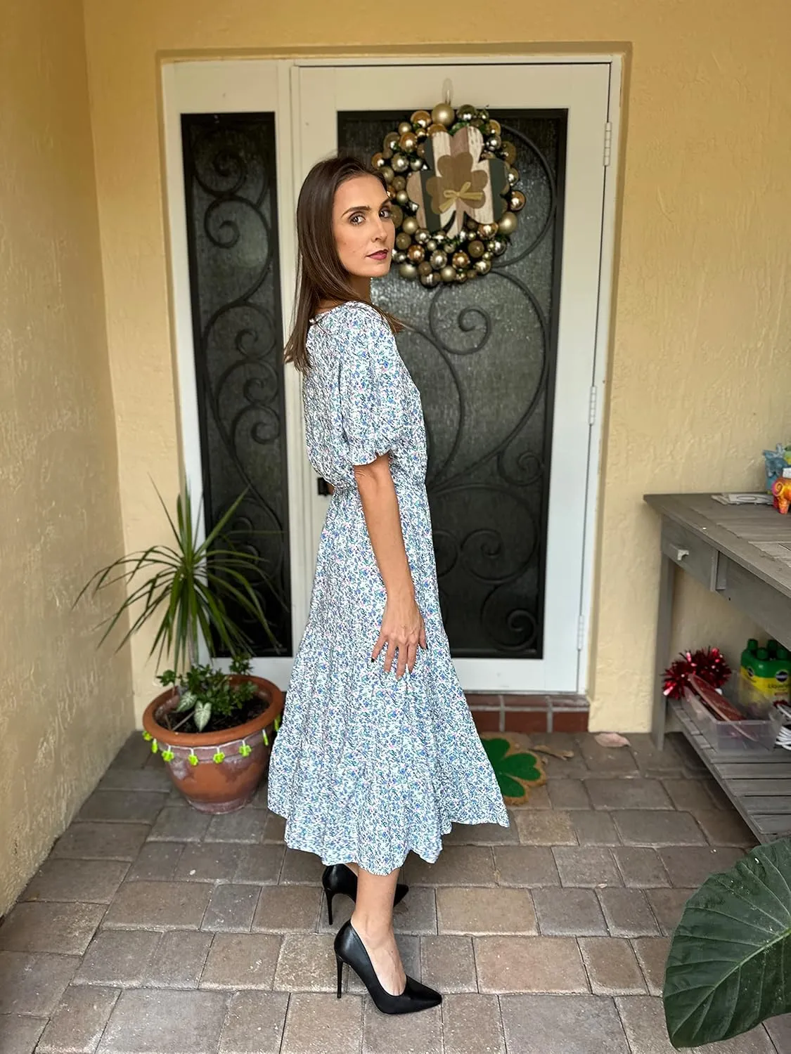 GRECERELLE Women's 2025 Spring Summer Casual Loose Round Neck Boho Dress Ruffle Puff Sleeve High Waist Midi Dress