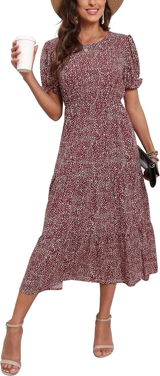GRECERELLE Women's 2025 Spring Summer Casual Loose Round Neck Boho Dress Ruffle Puff Sleeve High Waist Midi Dress