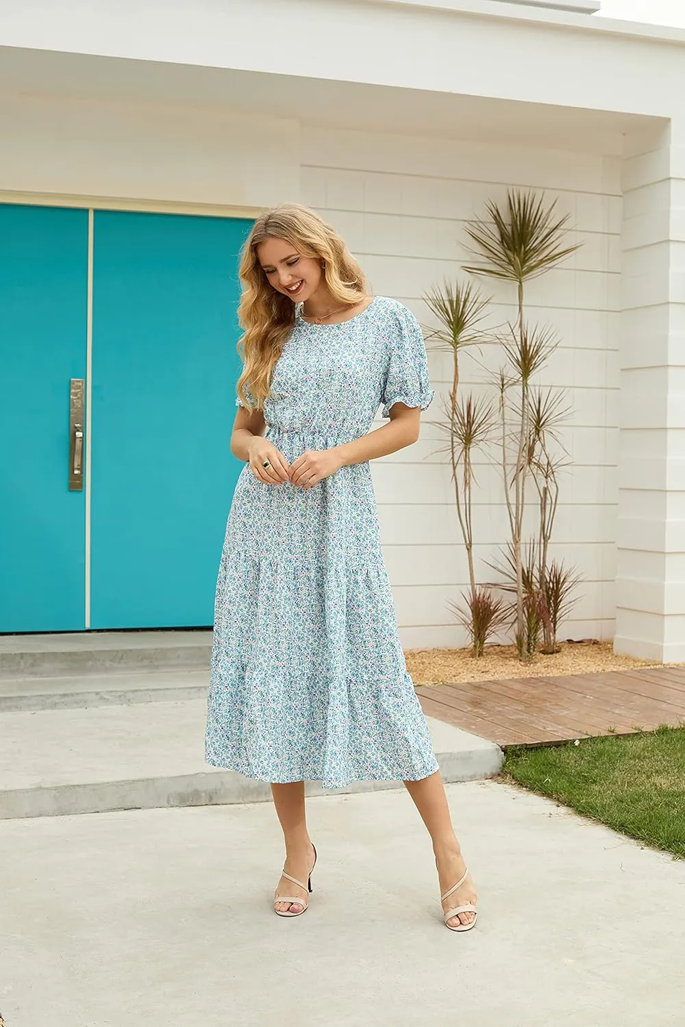 GRECERELLE Women's 2025 Spring Summer Casual Loose Round Neck Boho Dress Ruffle Puff Sleeve High Waist Midi Dress