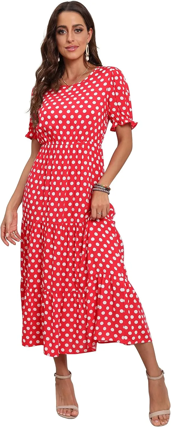GRECERELLE Women's 2025 Spring Summer Casual Loose Round Neck Boho Dress Ruffle Puff Sleeve High Waist Midi Dress