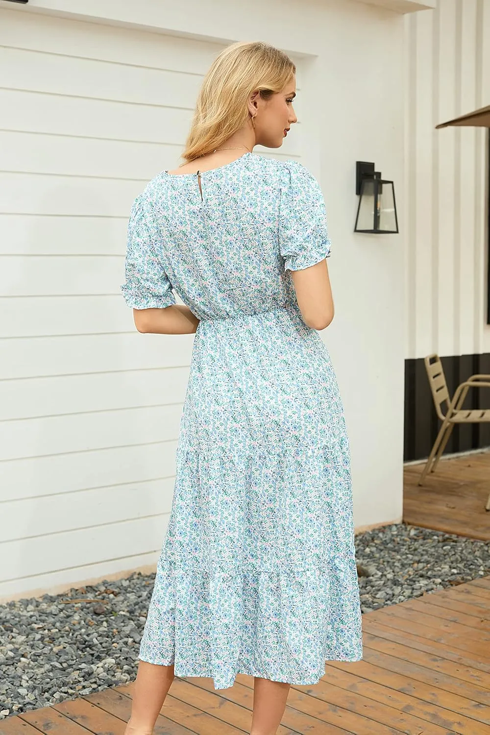 GRECERELLE Women's 2025 Spring Summer Casual Loose Round Neck Boho Dress Ruffle Puff Sleeve High Waist Midi Dress