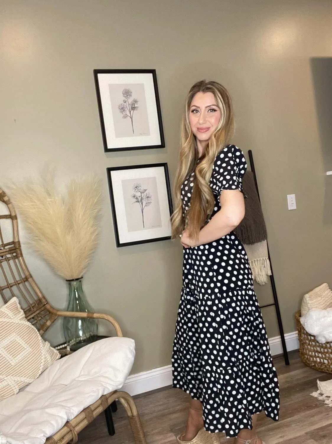 GRECERELLE Women's 2025 Spring Summer Casual Loose Round Neck Boho Dress Ruffle Puff Sleeve High Waist Midi Dress
