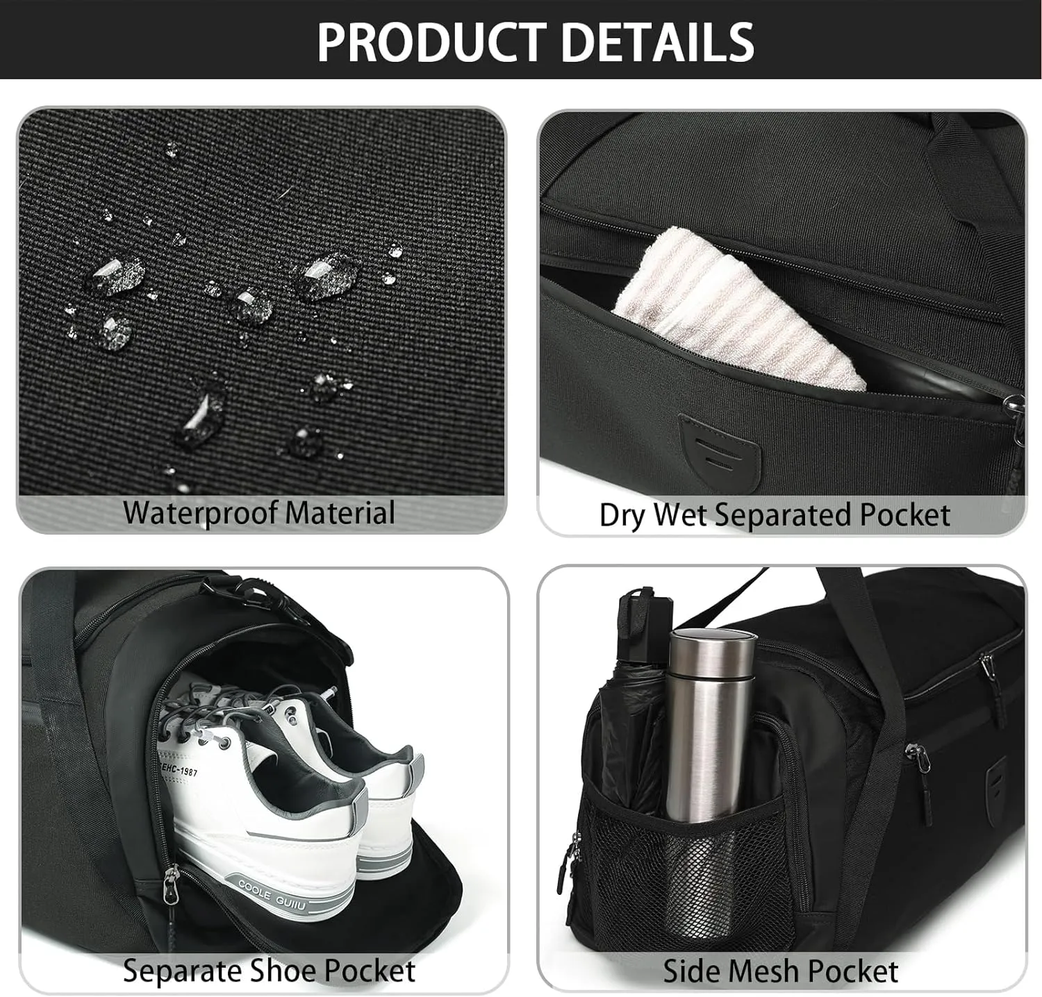 Gym Duffle Bags For Men & Women, Large Duffle Bag For Men Travel, Weekend Overnight Bag With Shoe Compartment & Wet Pocket, Water Resistant Sports Duffle Bag Gymbag A-TD-002-Black