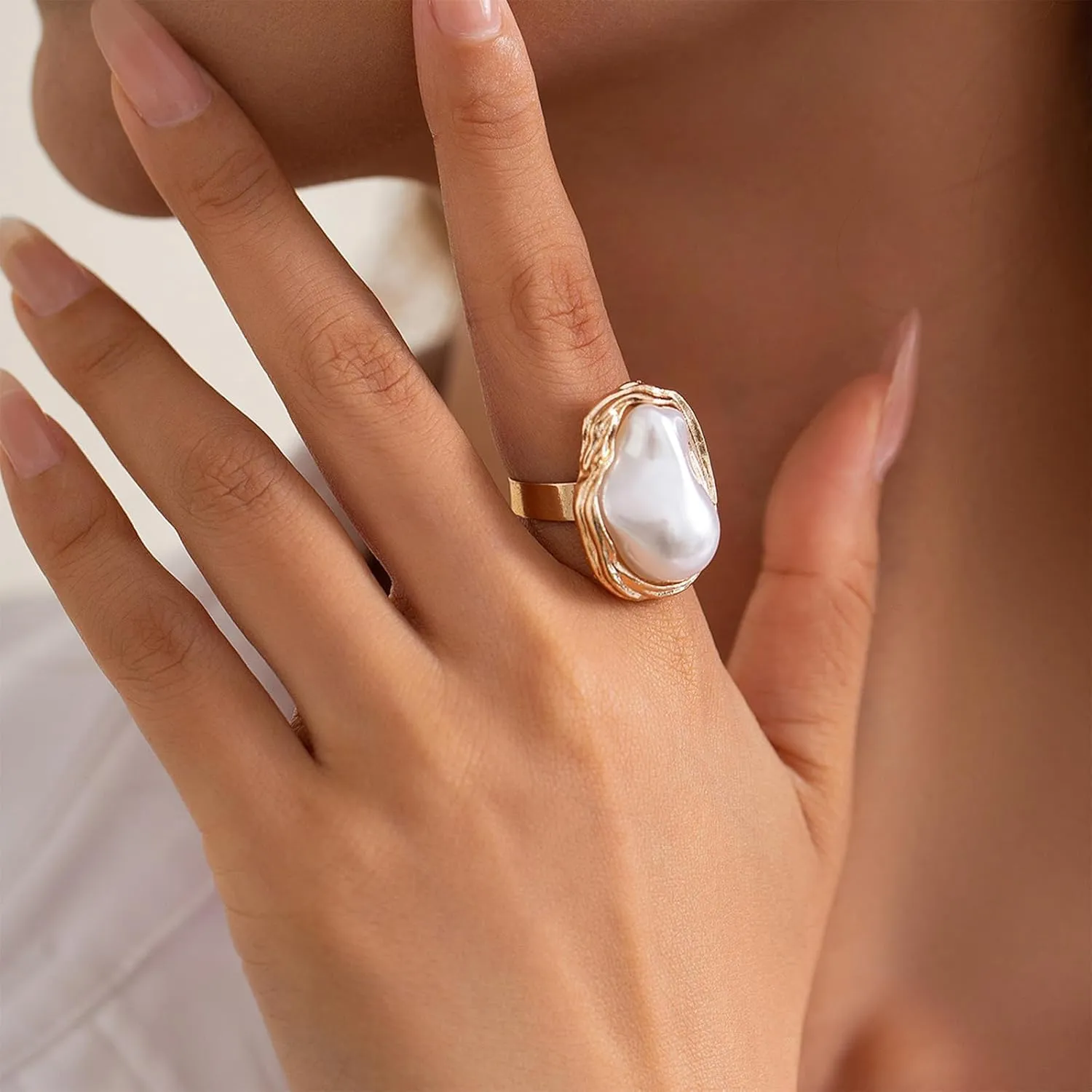 Harry and Henry Baroque Pearl Ring Gold Chunky Stackable Statement Jewelry Gift Adjustable Band Elegant Baroque Pearl Accent for Everyday
