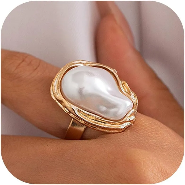 Harry and Henry Baroque Pearl Ring Gold Chunky Stackable Statement Jewelry Gift Adjustable Band Elegant Baroque Pearl Accent for Everyday
