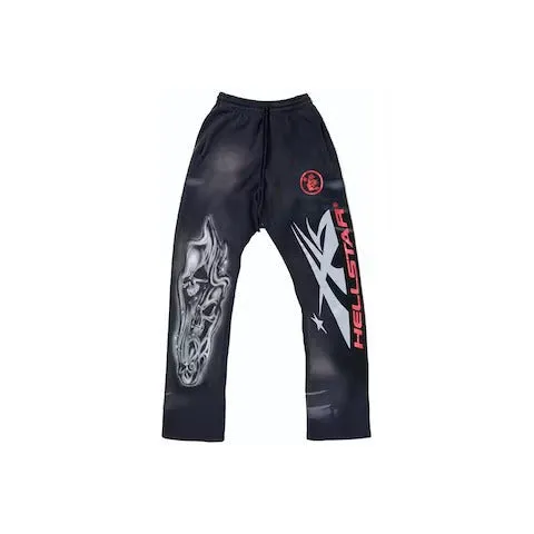 Hellstar Airbrushed Skull Flare Bottom Sweatpants Midnight Dye Black