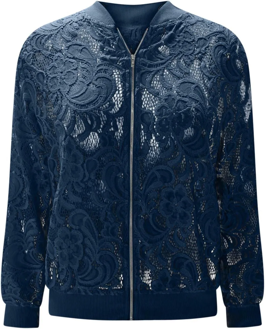 HGps8w Floral Lace Jackets for Women's Stand Collar Zip Up Mesh Sheer Baseball Jacket